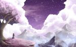  1girl brown_hair cliff clouds cloudy_sky commentary facing_away fantasy fog from_behind grass long_hair mountain original outdoors purple_sky shooting_star sitting sky solo soup-plz star_(sky) starry_sky tree 