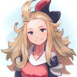  1girl ahoge blonde_hair blue_eyes blurry bravely_default:_flying_fairy bravely_default_(series) closed_mouth commentary edea_lee hair_ornament head_tilt highres light_blush long_hair looking_at_viewer reiesu_(reis) shirt signature smile solo 