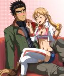  1boy 1girl ;d akihiro_altland arm_support belt between_breasts black_hair blue_shorts blush bra breasts brown_hair cleavage dark_skin earrings eye_contact green_eyes grey_pants groin gundam gundam_tekketsu_no_orphans hanzou heart heart_earrings holding jewelry lafter_frankland legs_crossed long_hair looking_at_another medium_breasts midriff nail_polish navel one_eye_closed open_mouth pants pink_bra red_nails shiny shiny_clothes shiny_skin short_shorts shorts sitting smile sports_bra stomach thigh-highs twintails underwear white_legwear 
