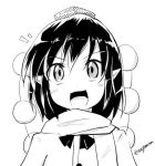  1girl bangs blush_stickers eyebrows_visible_through_hair greyscale hat looking_at_viewer monochrome open_mouth pointy_ears pom_pom_(clothes) scarf shameimaru_aya smile taurine_8000mg tokin_hat touhou twitter_username 