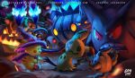  chandelure closed_eyes creepy gengar halloween hat highres logan_cure mimikyu no_humans pikachu pokemon pokemon_(creature) pokemon_(game) pokemon_sm smile witch_hat 
