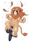  1girl animal_costume black_hair chestnut_mouth flower food full_body highres juggling lion_costume looking_at_viewer meat official_art princess_principal princess_principal_game_of_mission riding_bike solo toudou_chise transparent_background unicycle 