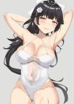  1girl armpits arms_behind_head arms_up azur_lane black_hair blush bow breasts brown_eyes casual_one-piece_swimsuit closed_mouth covered_navel cowboy_shot criss-cross_halter flower gluteal_fold grey_background hair_bow hair_flower hair_ornament halterneck heart heart-shaped_pupils highleg highleg_swimsuit large_breasts long_hair looking_at_viewer navel nuko_(mikupantu) one-piece_swimsuit ponytail see-through solo swimsuit symbol-shaped_pupils takao_(azur_lane) very_long_hair wavy_mouth white_bow white_flower white_swimsuit 