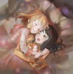  bed_sheet black_hair closed_eyes hand_holding highres hug hug_from_behind interlocked_fingers kohinata_miku looking_at_another one_eye_closed open_mouth orange_hair pajamas pillow senki_zesshou_symphogear short_hair smile tachibana_hibiki_(symphogear) under_covers visqi yuri 