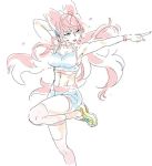  1girl abs breasts character_request cleavage copyright_request flying_sweatdrops groin hanakuso large_breasts long_hair midriff pink_hair pointing_to_the_side shoes sketch sneakers solo standing standing_on_one_leg thighs white_background 