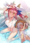  2girls 3: :d altera_(fate) animal_ears arm_support assisted_exposure bare_legs barefoot beach between_legs bikini bikini_bottom_removed bikini_under_clothes blush bottomless breasts casual_one-piece_swimsuit child cleavage clothes_theft ears_through_headwear fate/extella fate/extra fate/grand_order fate_(series) fish fox_ears fox_tail hand_between_legs hat holding_bikini_bottom innertube large_breasts long_hair medium_hair multiple_girls one-piece_swimsuit open_mouth outdoors partially_submerged partially_unbuttoned red_eyes ritsuki shirt silver_hair sitting smile starfish sun_hat swimsuit swimsuit_theft swimsuit_under_clothes tail tamamo_(fate)_(all) tamamo_no_mae_(swimsuit_lancer)_(fate) theft twintails veil wariza wet wet_clothes wet_shirt white_bikini white_swimsuit yellow_eyes younger 