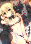  &gt;:&lt; 1girl apron arm_up armpits artoria_pendragon_(all) artoria_pendragon_(swimsuit_rider_alter)_(fate) bare_arms bare_shoulders bed_sheet bikini_top black_bikini_top black_bow black_jacket black_legwear black_neckwear black_skirt blush bow bowtie breasts cleavage closed_mouth covering covering_crotch fate/grand_order fate_(series) frilled_apron frilled_bikini_top frills from_above hair_between_eyes hair_bow jacket legband looking_at_viewer looking_up lying maid_bikini maid_headdress medium_breasts navel off_shoulder on_back on_bed open_clothes open_jacket petals saber_alter short_hair sidelocks skirt solo spread_legs stomach tareme thigh-highs thighs under_boob waist_apron white_apron yadapot 