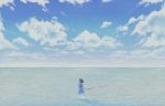  1girl blue_dress blue_sky brown_hair clouds cloudy_sky commentary day dress facing_away from_behind horizon long_hair long_sleeves ocean original outdoors ribbon sky solo soup-plz standing wading water_surface 