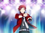  1boy black_pants facial_hair facing_viewer game_cg idol idolmaster idolmaster_side-m idolmaster_side-m_live_on_stage male_focus microphone necktie official_art pants pointing pointing_at_viewer redhead smile solo sparkle stage_lights stubble tendou_teru v white_neckwear 
