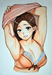  1girl adultonly armpits black_eyes bra breasts brown_hair cleavage lips long_hair looking_at_viewer marker_(medium) mature medium_breasts mole mole_under_mouth parted_lips seductive_smile smile solo traditional_media underwear undressing upper_body 