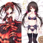  1girl bed_sheet black_bra black_hair black_panties bow bow_panties bra breasts breeze_(wcf) choker cleavage clock clock_eyes collarbone dakimakura date_a_live detached_sleeves dress flower frilled_bra frilled_dress frilled_panties frills from_above garter_belt gluteal_fold gothic_lolita hair_bow hair_flower hair_ornament hair_over_one_eye hairband heterochromia lolita_fashion lolita_hairband looking_at_viewer lying medium_breasts navel on_back panties parted_lips purple_flower red_bow red_dress red_eyes red_ribbon ribbon shiny shiny_skin side-tie_panties sideboob smile solo symbol-shaped_pupils thigh-highs tokisaki_kurumi twintails underwear underwear_only violet_eyes yellow_eyes 