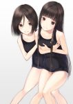  2girls :d bangs black_eyes black_hair blunt_bangs breasts brown_hair collarbone crossed_arms hami_(hami-gerden) head_tilt highres long_hair multiple_girls open_mouth original parted_bangs school_swimsuit siblings sisters small_breasts smile standing swimsuit 