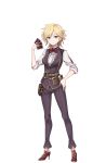  1girl belt_pouch blonde_hair blue_eyes card dizzy_durand full_body hand_on_hip high_heels highres looking_at_viewer official_art pants playing_card pouch princess_principal princess_principal_game_of_mission red_footwear red_neckwear short_hair standing transparent_background vest 