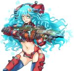  1girl armor backpack bag blue_eyes blue_hair butterfly_on_hair crazy_smile electricity firing gloves gun hmage machine_gun mecha_musume monarch_(titanfall_2) parted_lips stomach thigh-highs titanfall titanfall_2 weapon 