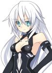  1girl black_gloves black_heart blue_eyes breasts choujigen_game_neptune cleavage cleavage_cutout collarbone elbow_gloves eyebrows_visible_through_hair gloves hair_between_eyes hand_on_hip long_hair looking_at_viewer meimu_(infinity) neptune_(series) silver_hair simple_background small_breasts smile solo upper_body white_background 