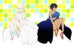  1boy alternate_color androgynous asymmetrical_sleeves black_hair braid dark_skin dark_skinned_male dress hair_ornament jewelry king_of_prism_by_prettyrhythm kisaragi_louis midriff mitsuya_bonjin multicolored multicolored_background necklace patterned_background pretty_rhythm sandals short_hair sitting yellow_eyes 