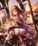  1girl :d bird book boots brown_hair candle dress eyebrows_visible_through_hair floating_hair high_heel_boots high_heels liiko_(lodougal) long_hair nun open_book open_mouth pinafore_dress red_eyes shingeki_no_bahamut sitting smile solo white_dress white_footwear 