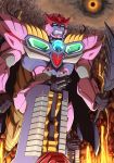  1boy 90s artist_request beast_wars beast_wars_ii blue_eyes cannon full_body galvatron glowing holding holding_sword holding_weapon looking_at_viewer machine machinery mecha molten_rock no_humans oldschool open_mouth personification predacon robot solo standing sword teeth transformers weapon 