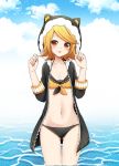  1girl :p animal_hood bangs black_bikini_bottom black_jacket blonde_hair blue_sky blush breasts cat_hood cleavage closed_mouth clouds collarbone commentary_request day fur_trim gluteal_fold head_tilt highres hood hood_up jacket kagamine_rin long_sleeves looking_at_viewer mismatched_bikini nail_polish navel open_clothes open_jacket orange_eyes sailor_bikini sailor_collar short_hair sky small_breasts smile solo stomach sudachi_(calendar) sweat swept_bangs tareme thighs tongue tongue_out unzipped vocaloid w_arms wading water yellow_bikini_top yellow_nails zipper 