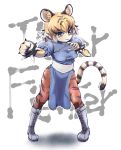  1girl animal_ears artist_request boots bracelet china_dress chinese_clothes chun-li chun-li_(cosplay) cosplay dress highres jewelry kemono_friends multicolored_hair pantyhose pelvic_curtain puffy_sleeves sash short_hair solo spiked_bracelet spikes street_fighter tail tiger_(kemono_friends) tiger_ears 