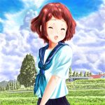  1girl :o blue_skirt blue_sky closed_eyes clouds day facing_viewer grass highres hyouka ibara_mayaka outdoors redhead school_uniform serafuku short_hair skirt sky t-3_design telephone_pole tree 