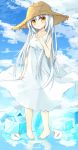  1girl :&lt; bangs bare_arms barefoot blue_sky blush brown_hat clouds cloudy_sky collarbone day dress dress_grab full_body hair_between_eyes hand_on_own_chest hand_up hat head_tilt ice long_hair looking_at_viewer orange_eyes original outdoors parted_lips silver_hair sky sleeveless sleeveless_dress snow_bunny solo standing straw_hat sundress triangle_mouth very_long_hair white_dress yuuhagi_(amaretto-no-natsu) 