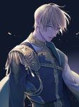  1boy amg_(nwmnmllf) armor belt blonde_hair blue_eyes cape closed_mouth commentary_request long_sleeves looking_at_viewer male_focus military military_uniform original signature solo sparks standing uniform upper_body 