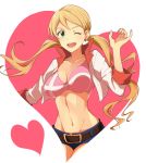  1girl ;d belt blonde_hair blue_shorts bra breasts cleavage collarbone earrings green_eyes gundam gundam_tekketsu_no_orphans heart heart_earrings highres hitsuji_(hanatoutau) jewelry lafter_frankland long_hair medium_breasts midriff navel one_eye_closed open_mouth pink_bra short_shorts shorts simple_background smile solo sports_bra standing stomach twintails underwear very_long_hair white_background 