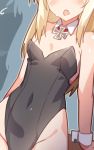 1girl :o arm_support bare_shoulders black_leotard blonde_hair blush breasts covered_navel detached_collar facing_viewer head_out_of_frame helma_lennartz impossible_clothes impossible_leotard iron_cross jewelry leotard long_hair navel necklace open_mouth small_breasts solo strike_witches sweat tilt-shift world_witches_series wrist_cuffs 