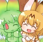  2girls :d ;d ^_^ animal_ears bangs bare_shoulders black_hair blonde_hair blue_sky blush bow bowtie breasts cerval chibi closed_eyes day elbow_gloves eyebrows eyebrows_visible_through_hair eyelashes fang gloves grass green_bow green_gloves green_hair green_neckwear green_shirt green_skin hair_between_eyes kemono_friends looking_at_another looking_to_the_side medium_breasts multicolored multicolored_bow multicolored_bowtie multicolored_clothes multicolored_gloves multicolored_hair multiple_girls no_eyebrows no_nose one_eye_closed open_mouth outdoors red_eyes serval_(kemono_friends) serval_ears serval_print shiny shiny_clothes shiny_hair shiny_skin shirt short_hair sky sleeveless sleeveless_shirt smile tongue tree two-tone_hair white_shirt ziogon 