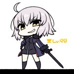  &gt;:) 1girl ahoge bangs black_dress black_legwear blue_jacket chan_co chibi commentary_request dress eyebrows_visible_through_hair fate/grand_order fate_(series) fur_trim grin hand_on_hip holding holding_sword holding_weapon jacket jeanne_alter kneehighs legs_apart long_sleeves looking_at_viewer ruler_(fate/apocrypha) simple_background smile smug solo standing sword weapon white_background yellow_eyes 
