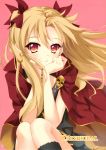  1girl absurdres blonde_hair character_name earrings ereshkigal_(fate/grand_order) eyebrows_visible_through_hair fate/grand_order fate_(series) hair_ribbon hands_on_own_cheeks hands_on_own_face highres hisagiyuu jewelry long_hair looking_at_viewer pink_background red_eyes red_ribbon ribbon scan sitting smile solo tohsaka_rin twintails very_long_hair 