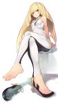  1girl barefoot batatata77 blonde_hair dress feet full_body green_eyes high_heels highres leggings legs_crossed long_hair looking_at_viewer lusamine_(pokemon) open_toe_shoes pokemon pokemon_(game) pokemon_sm shoes shoes_removed short_dress simple_background single_shoe sitting sleeveless sleeveless_dress solo toe_cleavage toes transparent white_background white_dress 