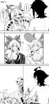  1boy 3koma 4girls :3 absurdres ahoge animal_ears artist_self-insert atalanta_(fate) back bare_back bare_shoulders barefoot blush blush_stickers breasts cat_ears cleavage closed_eyes collarbone comic dual_persona ear_wiggle fang fate/apocrypha fate/grand_order fate_(series) fox_ears fox_tail from_behind hair_ribbon highres japanese_clothes kimono lap_pillow large_breasts long_hair looking_at_viewer monochrome multiple_girls off_shoulder on_lap one_eye_closed open_mouth paw_pose paws peeking_out petting ribbon saliva saliva_trail slit_pupils smile sparkle swimsuit tail tamamo_(fate)_(all) tamamo_cat_(fate) tamamo_no_mae_(fate) tamamo_no_mae_(swimsuit_lancer)_(fate) translation_request trembling wulazula 