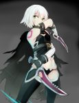 1girl armpits assassin_of_black bandage bandaged_arm bare_shoulders black_legwear black_panties breasts cape erimiko fate/apocrypha fate/grand_order fate_(series) green_eyes grey_hair highres knife navel panties scar short_hair small_breasts solo thigh-highs underwear weapon 