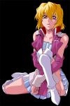  1girl alck black_background blonde_hair boots collarbone gundam gundam_seed gundam_seed_destiny hair_between_eyes knee_boots looking_at_viewer miniskirt parted_lips pink_eyes pleated_skirt short_hair simple_background skirt solo stellar_loussier white_footwear white_skirt 