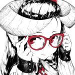  1girl face greyscale hands_on_glasses horns jaco looking_at_viewer monochrome portrait red_eyes red_glasses red_ribbon ribbon 