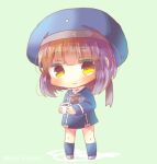  1girl blue_background blue_dress blue_hat brown_eyes brown_hair chibi clothes_writing coffee cup dress full_body hat kantai_collection kouu_hiyoyo looking_at_viewer mug sailor_dress sailor_hat short_hair simple_background solo standing z3_max_schultz_(kantai_collection) 