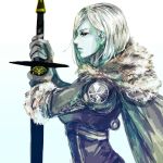  1girl armor blue_skin destiny_(game) fur_collar gloves hunter_(destiny) nvalkyrja short_hair sword tagme weapon white_hair 