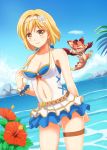  1girl alternate_costume blonde_hair blue_sky breasts brown_eyes cleavage commentary_request djeeta_(granblue_fantasy) dragon eyebrows_visible_through_hair flower granblue_fantasy hair_flower hair_ornament hairband looking_at_viewer medium_breasts navel ookawa_wataru outdoors short_hair sky swimsuit vee_(granblue_fantasy) water 