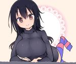  1girl black_hair breasts brown_eyes cool-kyou_shinja komori-san_wa_kotowarenai! komori_shuri large_breasts long_hair looking_at_viewer lying on_stomach smile solo striped striped_legwear sweater thigh-highs 