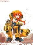  1girl armor boots breasts cleavage copyright_name dust_cloud gloves highres hmage large_breasts mecha_musume orange_eyes orange_hair personification scorch_(titanfall_2) squatting tagme thigh-highs thighs titanfall titanfall_2 