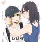  2girls adjusting_another&#039;s_clothes adjusting_clothes adjusting_hat aqua_eyes baseball_cap black_hair blonde_hair blue_tank_top clothes_writing commentary_request d: fang flying_sweatdrops hands_on_another&#039;s_hat hat headwear_writing highres monsieur multiple_girls open_mouth original profile shirt sun sweatdrop t-shirt tank_top watch watch wavy_mouth white_shirt 