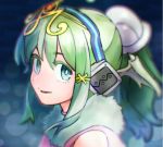  1girl bangs bare_shoulders blue_eyes copyright_request eyebrows_visible_through_hair face fur_trim green_hair hair_ornament headphones long_hair looking_at_viewer looking_to_the_side parted_lips ponytail reiesu_(reis) smile solo tiara 