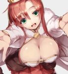  1girl boudica_(fate/grand_order) breasts cape cleavage fate/grand_order fate_(series) green_eyes highres large_breasts leaning_forward long_hair looking_at_viewer open_mouth outstretched_arms redhead skirt solo sue_(bg-bros) 