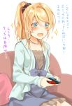  1girl ayase_eli blonde_hair commentary_request controller game_controller long_hair love_live! love_live!_school_idol_project nintendo_switch ponytail sof translation_request white 