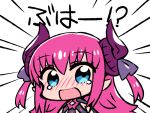  1girl :o bangs blue_eyes blush chan_co chibi commentary_request emphasis_lines eyebrows_visible_through_hair fate/extra fate/extra_ccc fate_(series) horn_ornament horns lancer_(fate/extra_ccc) long_hair looking_at_viewer pink_hair pointy_ears solo surprised tears translation_request white_background wide-eyed 