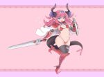  1girl :d absurdres armor bangs bikini bikini_armor blue_eyes boots cape commentary detached_sleeves dragon_girl dragon_horns dragon_tail elbow_gloves elizabeth_bathory_(brave)_(fate) fang fate/grand_order fate_(series) gauntlets gem gloves hair_ornament hairband highres holding holding_shield holding_sword holding_weapon horns knee_boots lancer_(fate/extra_ccc) latenight long_hair looking_at_viewer navel open_mouth pink_background pink_hair red_footwear shield smile solo sparkle spaulders standing standing_on_one_leg swimsuit sword tail thigh-highs thighhighs_under_boots weapon white_cape 
