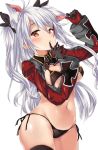  1girl :o ahoge animal_ears arm_up azur_lane bikini black_bikini black_gloves black_legwear blush breasts cat_ears cowboy_shot ear_pull finger_to_mouth flag_print german_flag gloves groin hairband index_finger_raised iron_cross kemonomimi_mode long_hair long_sleeves looking_at_viewer mole mole_on_breast multicolored_hair navel nijimoto_hirok open_mouth prinz_eugen_(azur_lane) red_eyes redhead side-tie_bikini silver_hair simple_background solo standing stomach streaked_hair string_bikini swimsuit thigh-highs two_side_up under_boob very_long_hair white_background 