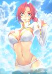  1girl adapted_costume bikini blue_eyes boudica_(fate/grand_order) breasts fate/grand_order fate_(series) hand_on_own_chest highres large_breasts looking_at_viewer narumi_muran o-ring_bikini partially_submerged redhead short_hair short_ponytail solo swimsuit water white_bikini 